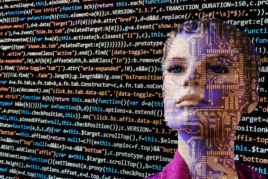 Inteligencia artificial representada con un modelo de lenguaje y una mujer