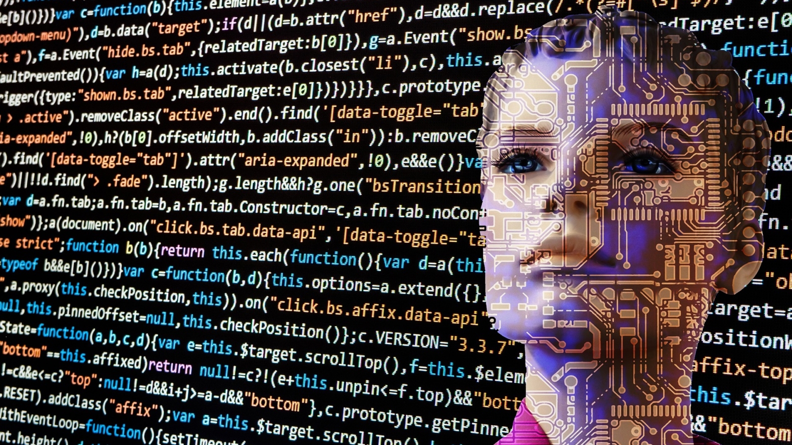Inteligencia artificial representada con un modelo de lenguaje y una mujer
